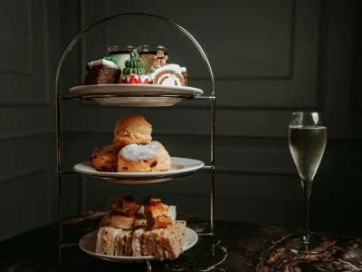 christmas afternoon tea at Downham Hall Essex with festive cakes scones sandwiches and champagne